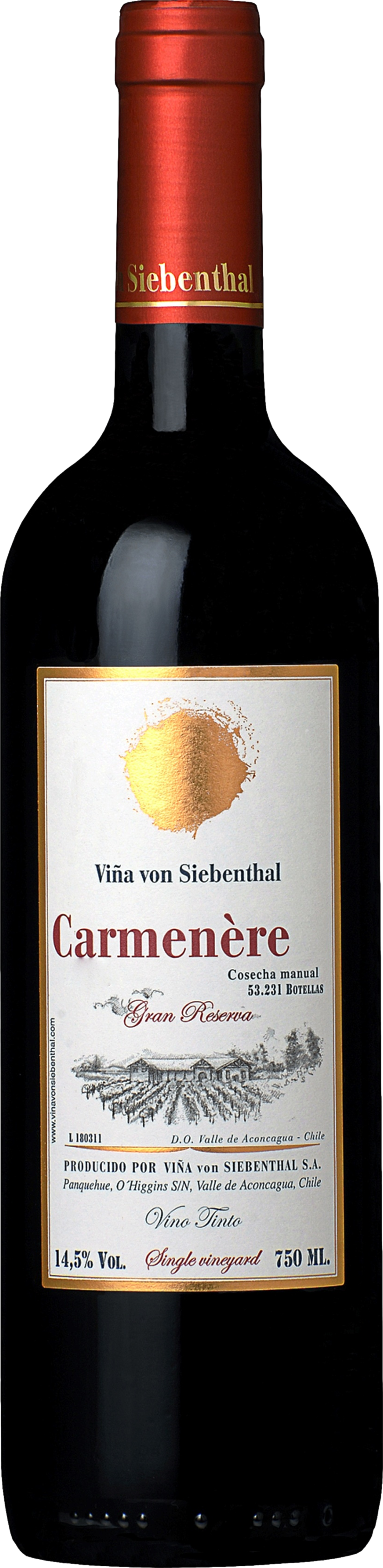 Vina von Siebenthal Gran Reserva Carmenere 2018 Červené 14.5% 0.75 l